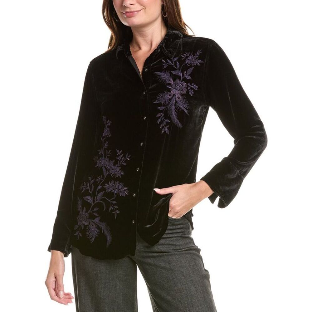 Johnny Was Womens  Velvet Vintage Button-Down Silk-Blend Shirt, Black
